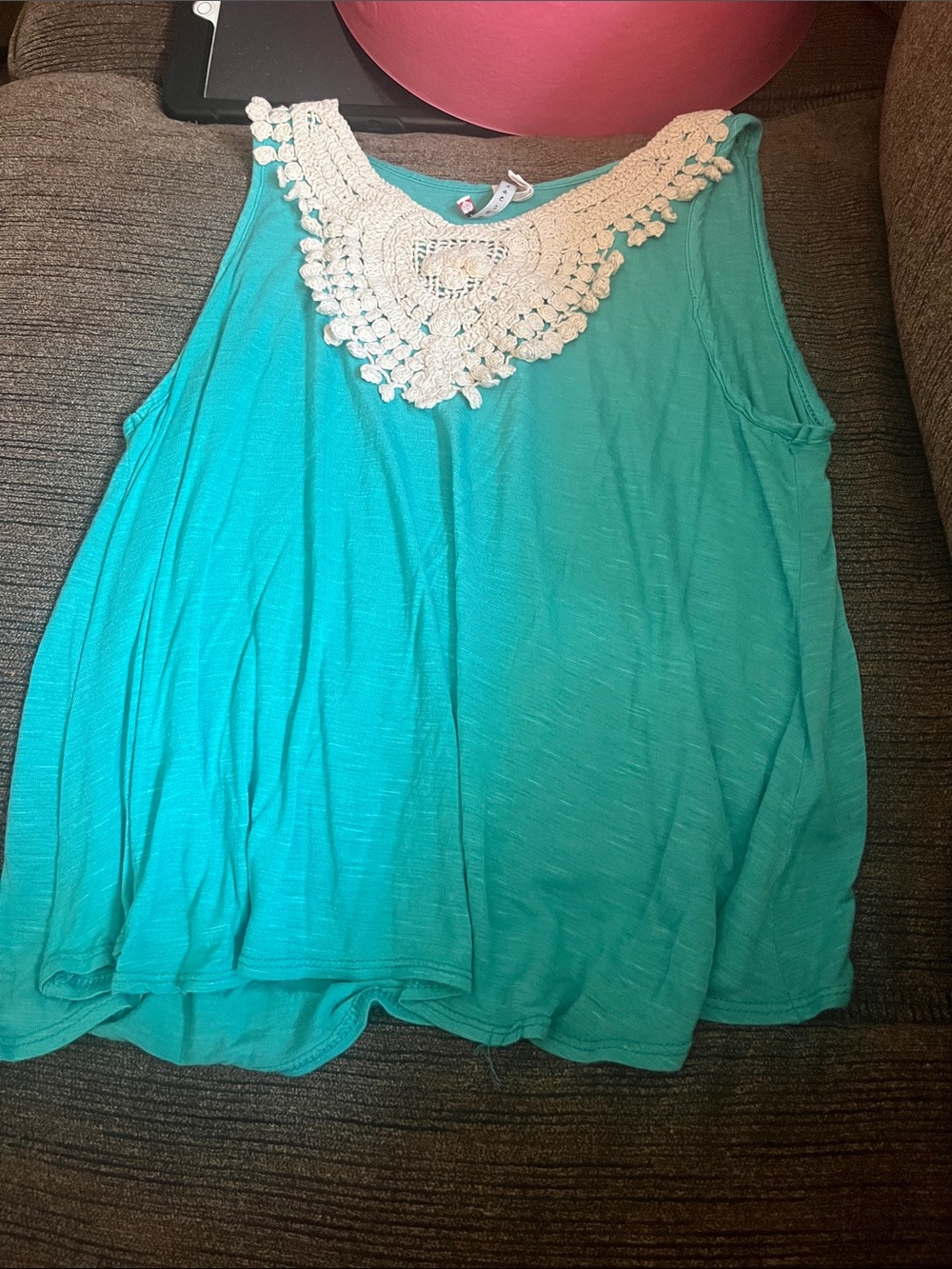 Sleeveless Teal Tank with Cream Crochet Yoke